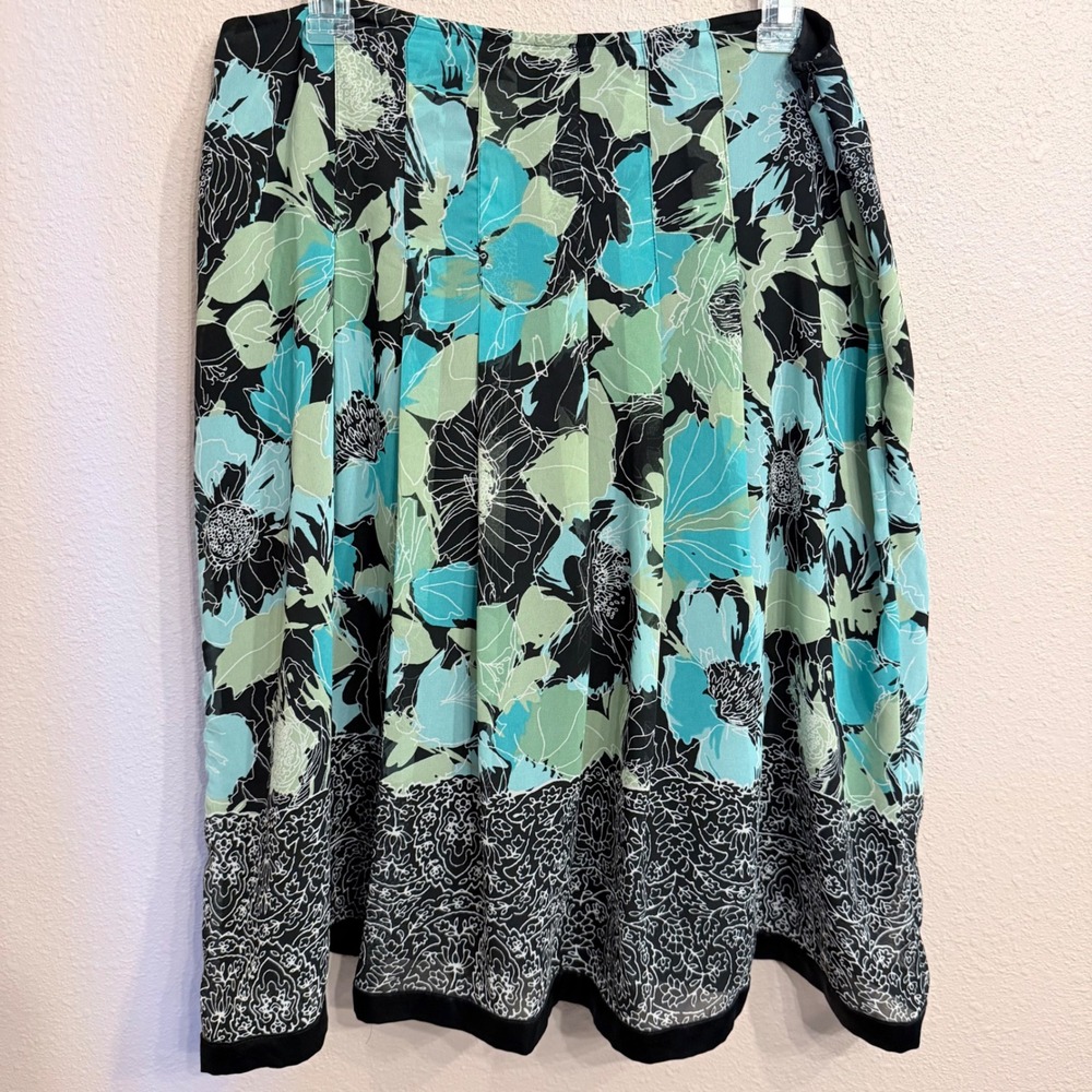 East 5th Womens Teal Green Floral A-Line Skirt Size 12 Knee Length Border Hem